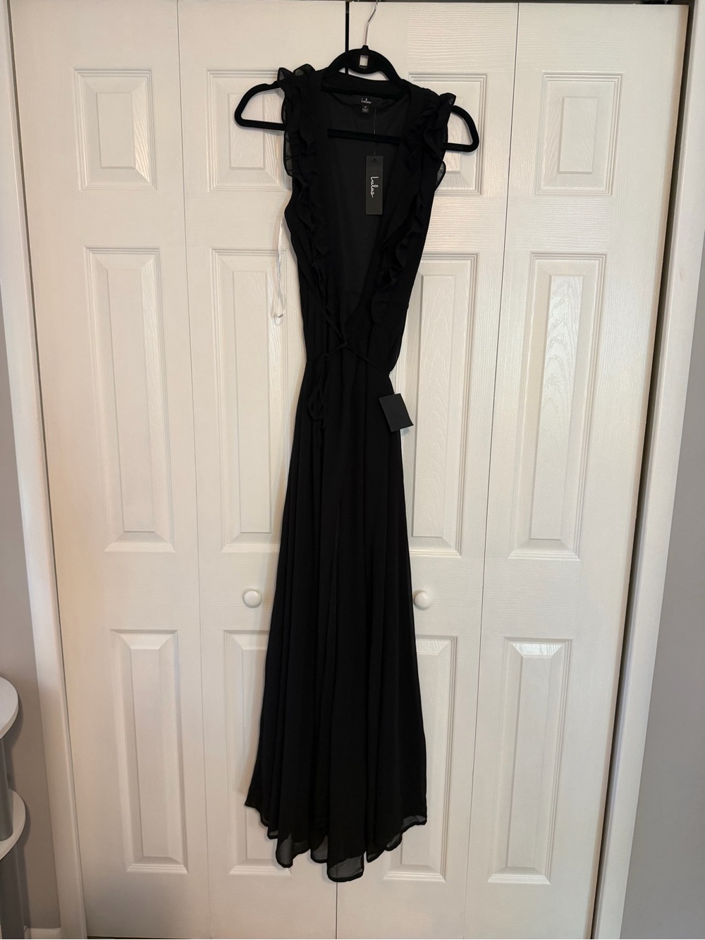 Lulu's Major Elegance Black Sleeveless Ruffled Wrap Maxi Dress. Never worn.